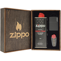 Фото Комплект Zippo Запальничка 218 ZL black matte with zippo logo + Бензин + Кремені + Подарункова коробка